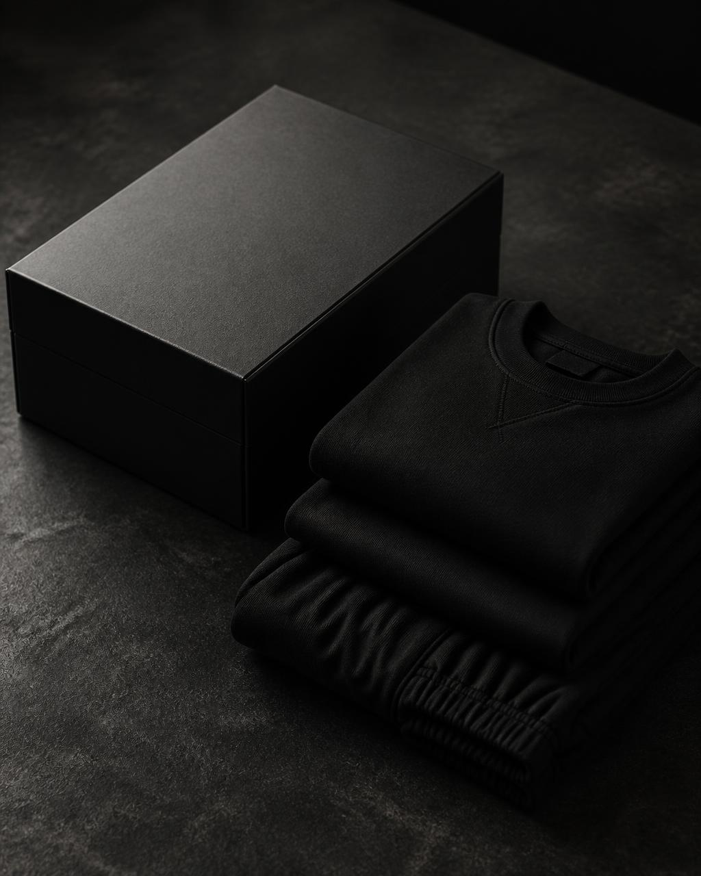 Matte black CHEEKO packaging beside folded black essentials