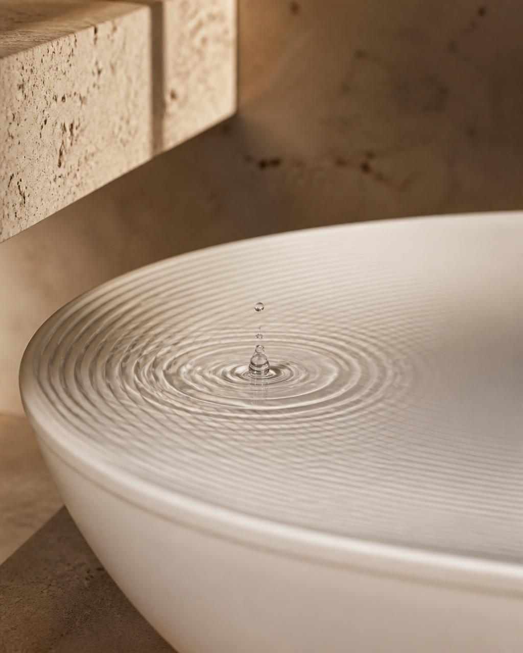 A drop of water rippling across sculpted white ceramic